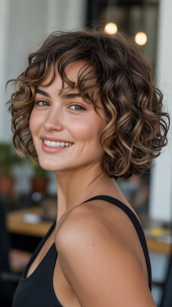 . Curly Bob with Curtain Bangs and Undercut