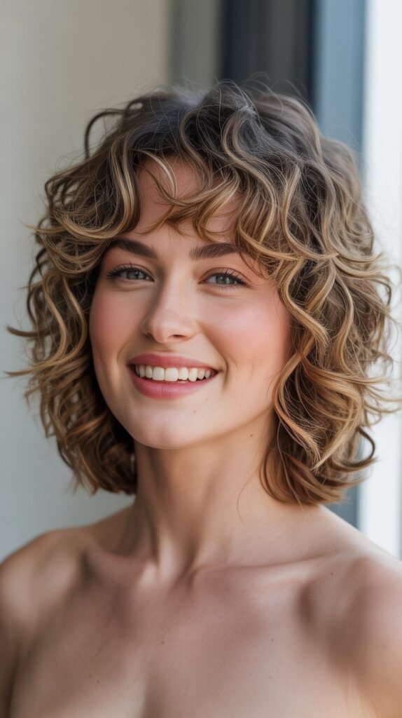 Tousled Curly Lob with Messy Curtain Bangs