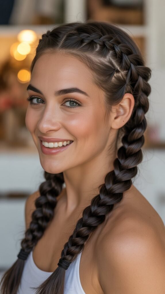 Double Dutch Braids into Low Buns