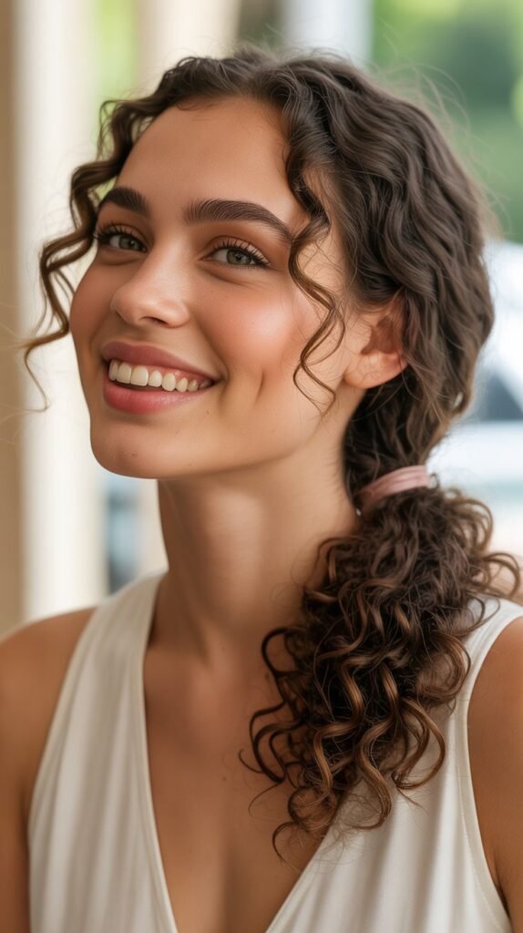 Low Curly Ponytail with Wrapped Base