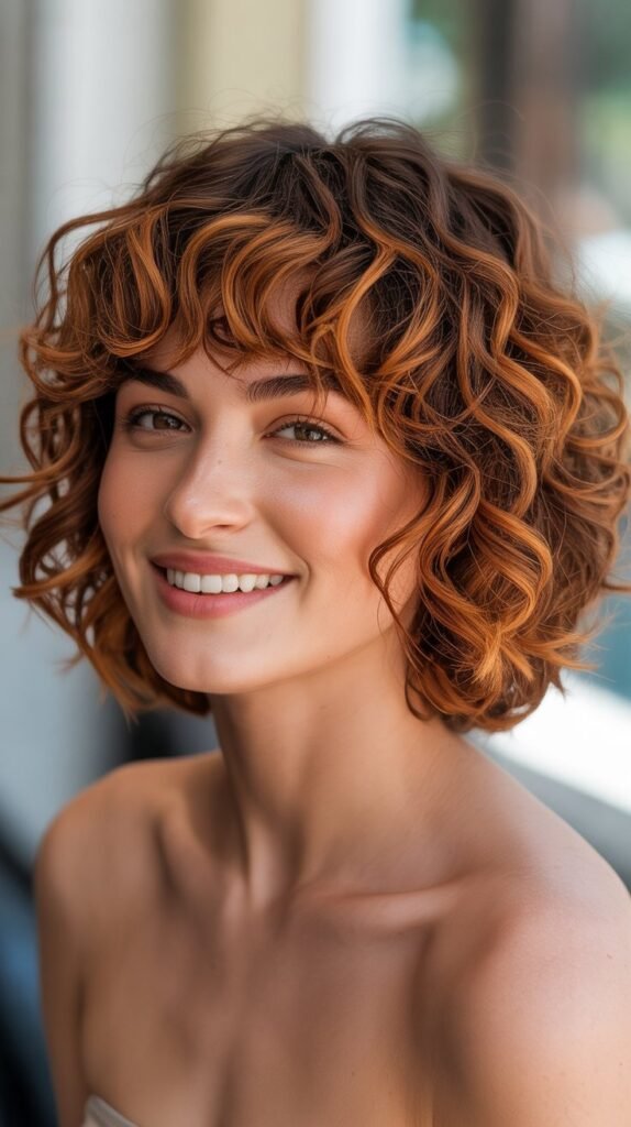 Curly Bob with Curtain Bangs and Copper Tones