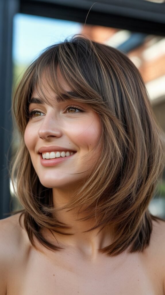  Tousled Long Bob with Curtain Bangs and Highlights