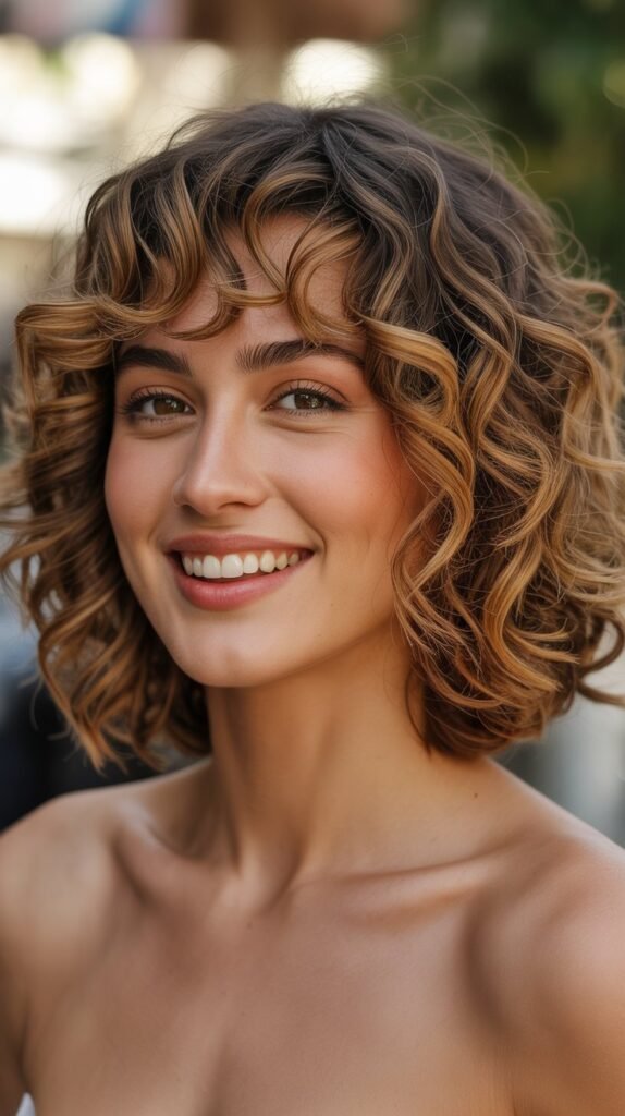 Curly Bob with Curtain Bangs and Caramel Balayage
