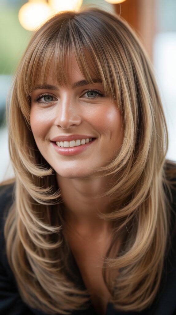 Long Bob with Side-Swept Curtain Bangs and Beach Waves
