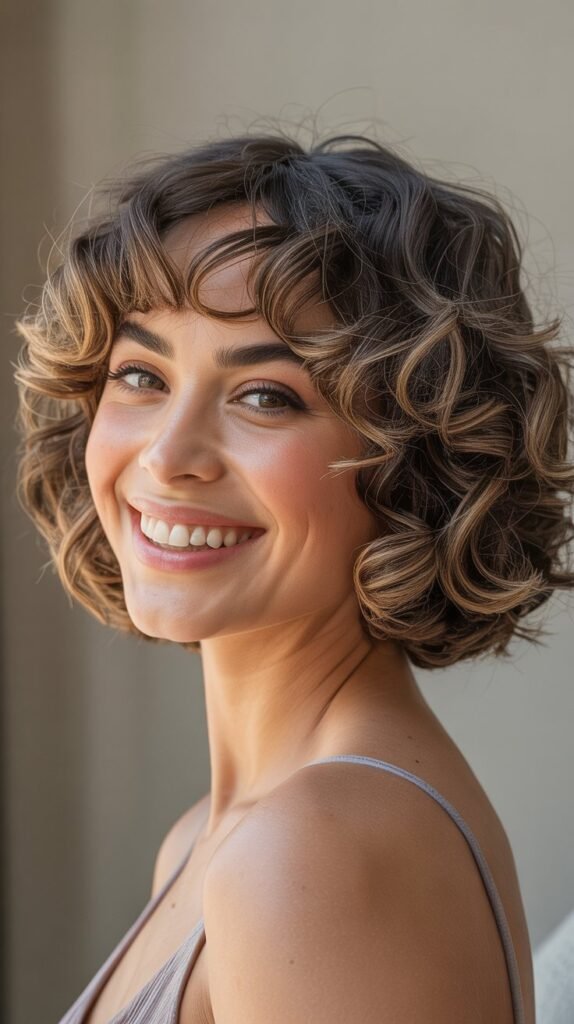 . Curly Lob with Curtain Bangs and Ombre Effect