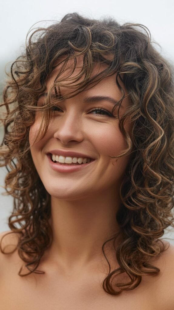  Curly Hair with Diagonal Bangs