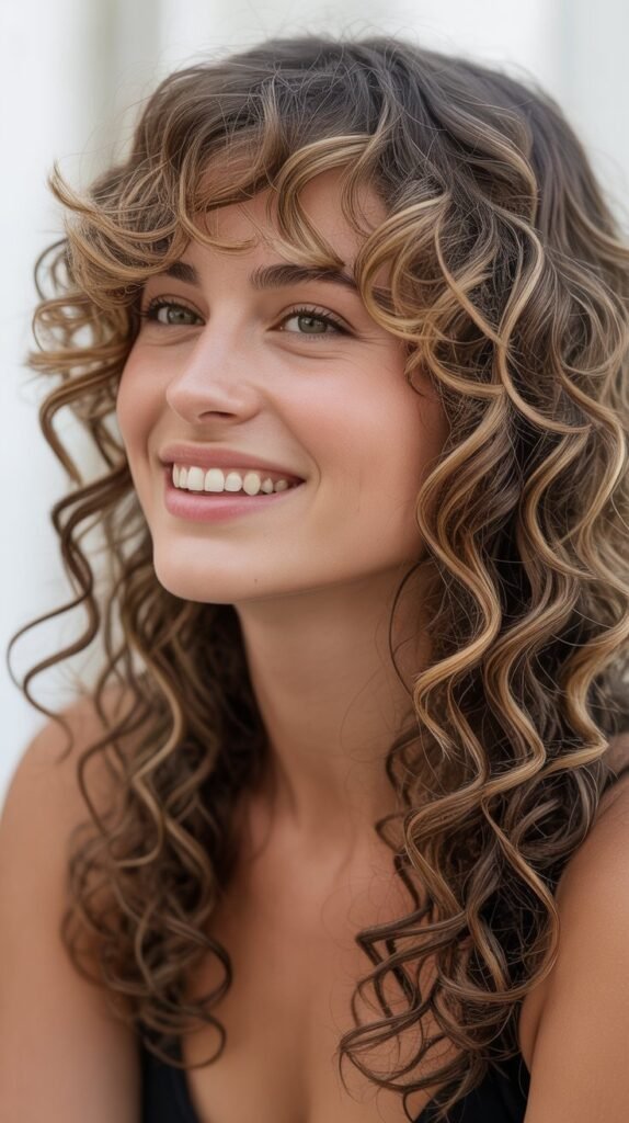 Side-Swept Curly Bangs with Long Layers