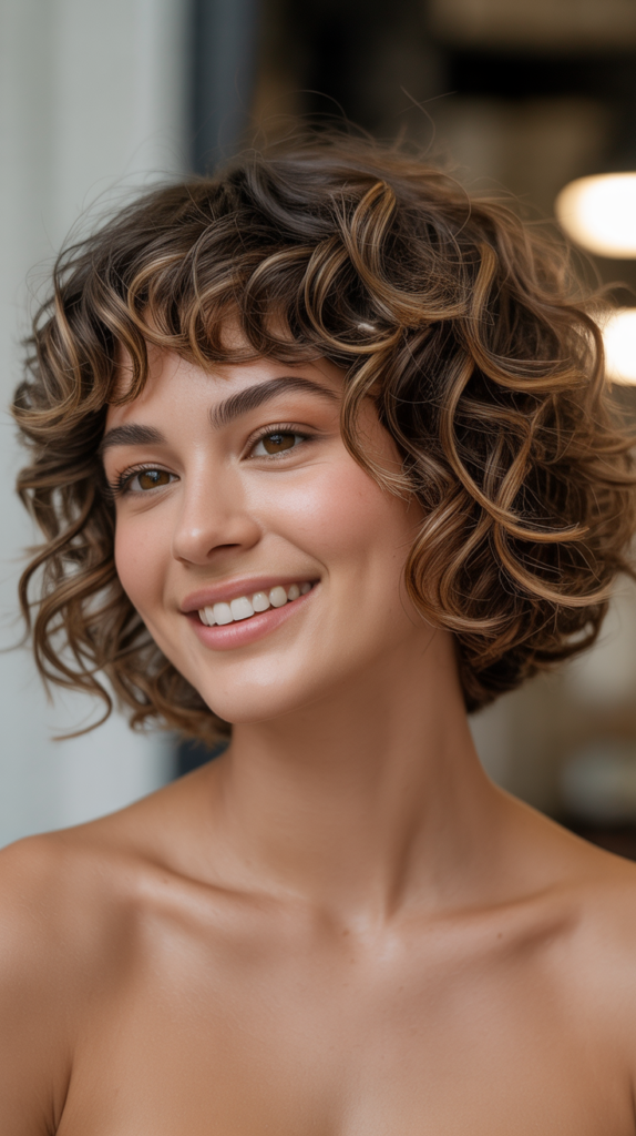 Romantic Curly Lob with Swoopy Curtain Bangs