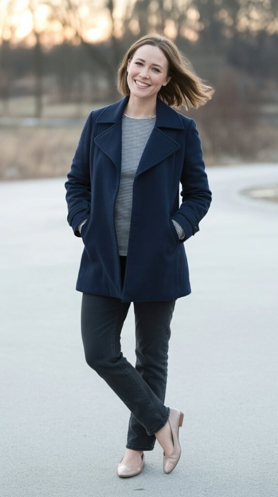  Peacoat with Striped Shirt, Jeans, and Ballet Flats