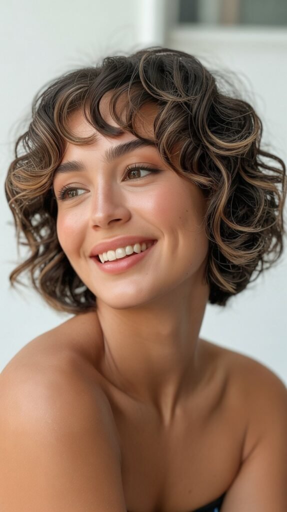 . Bouncy Ringlet Bob with Curtain Bangs