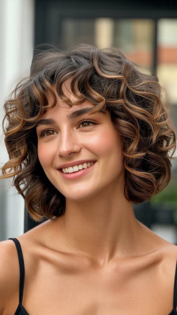 1. Curly Bob with Curtain Bangs and Side Part