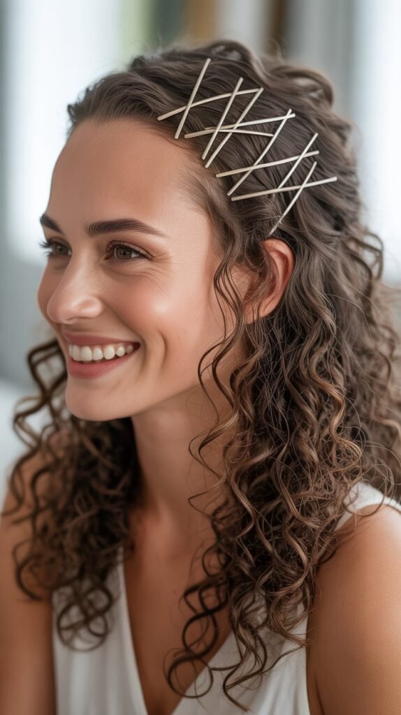 Curly Half-Updo with Criss-Cross Pins