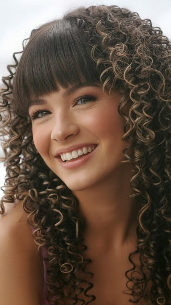 Tight Spiral Curls with Blunt Bangs