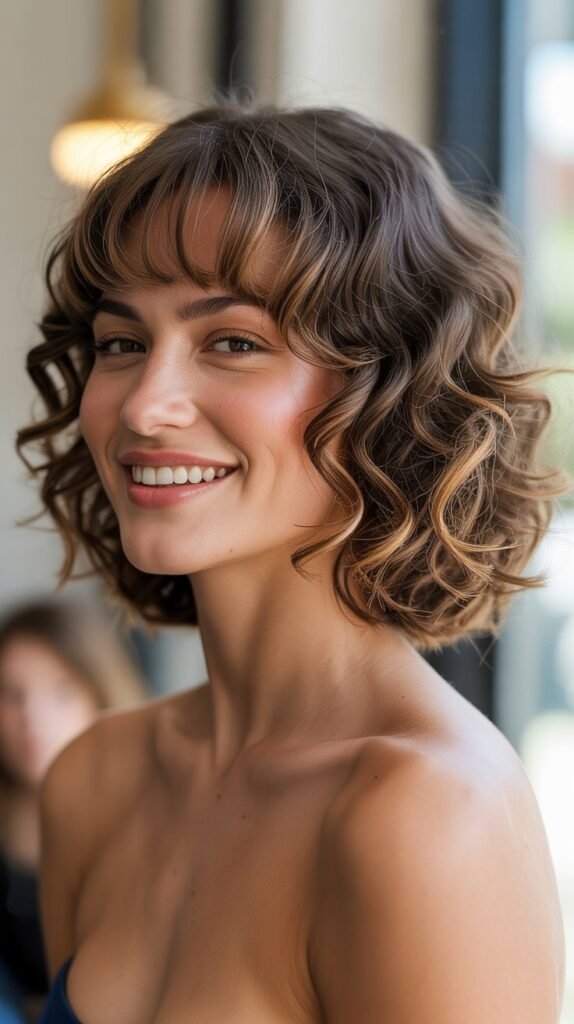 Blunt-Cut Curly Bob with Thick Curtain Bangs