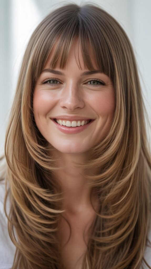  Long Layers with Straight-Across Bangs