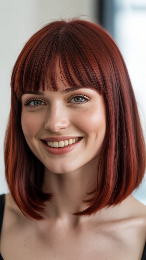 Sleek Long Bob with Bold Red and Curtain Bangs
