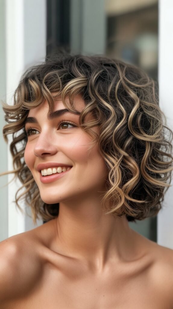 Curly Bob with Curtain Bangs and Root Shadow