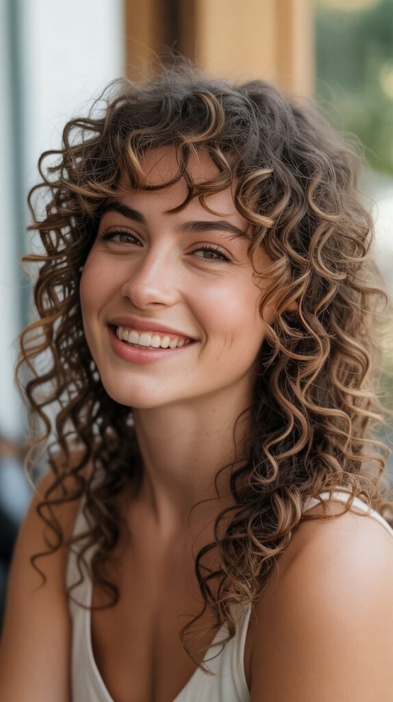 Curly Hair with Asymmetrical Bangs