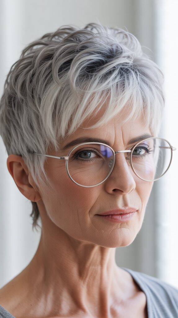 Best 27+ Hairstyles for Thin Fine Hair Over 60 with Glasses 19 Layered Pixie with Texture
