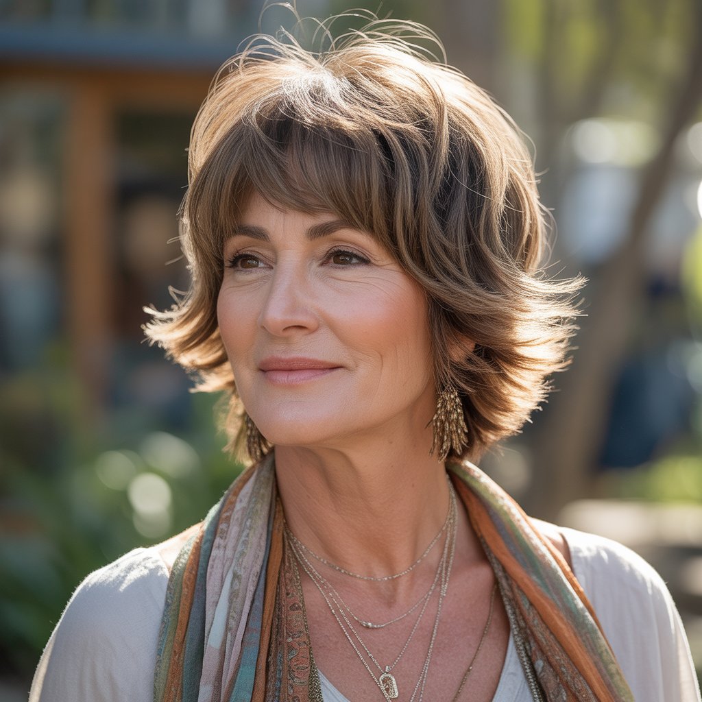 Top 32+ Short Hairstyles for Round Face Thin Hair Over 50 20 . Short Shag with Curtain Bangs