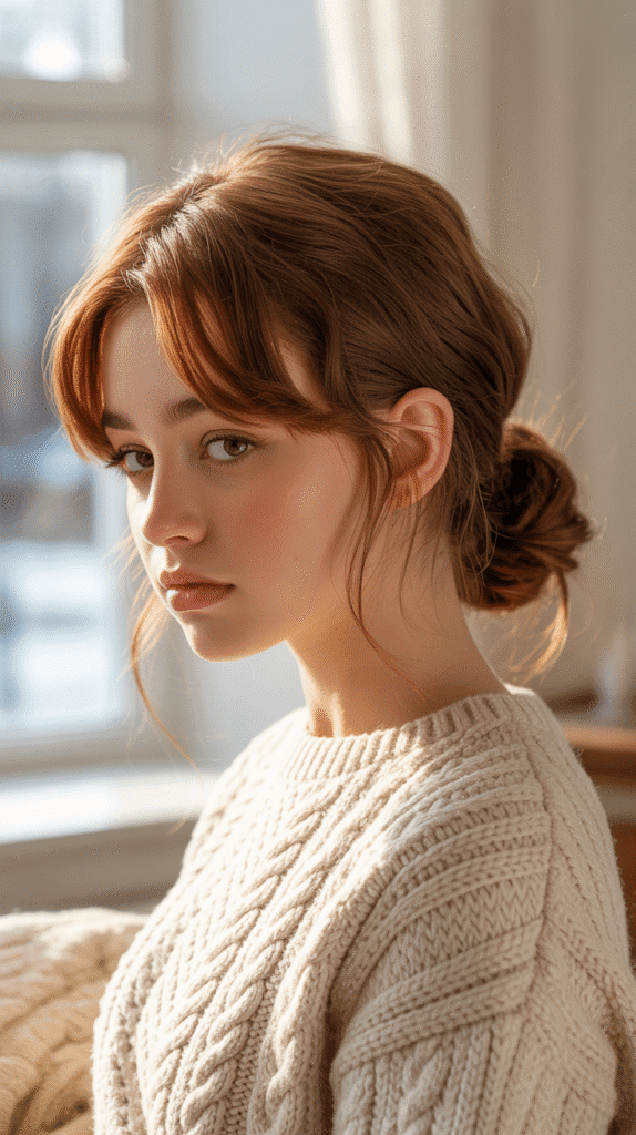 27 Stylish Cute Winter Hairstyles for Teens 1 Messy Low Bun with Face-Framing Pieces
