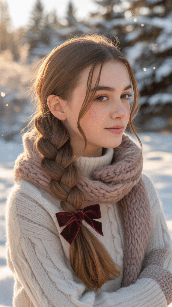 27 Stylish Cute Winter Hairstyles for Teens 26 Braided Low Ponytail with Ribbon