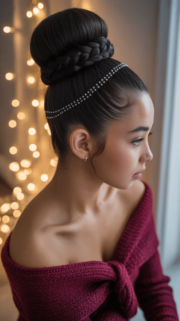 27 Stylish Cute Winter Hairstyles for Teens 12 High Bun with Braided Wrap