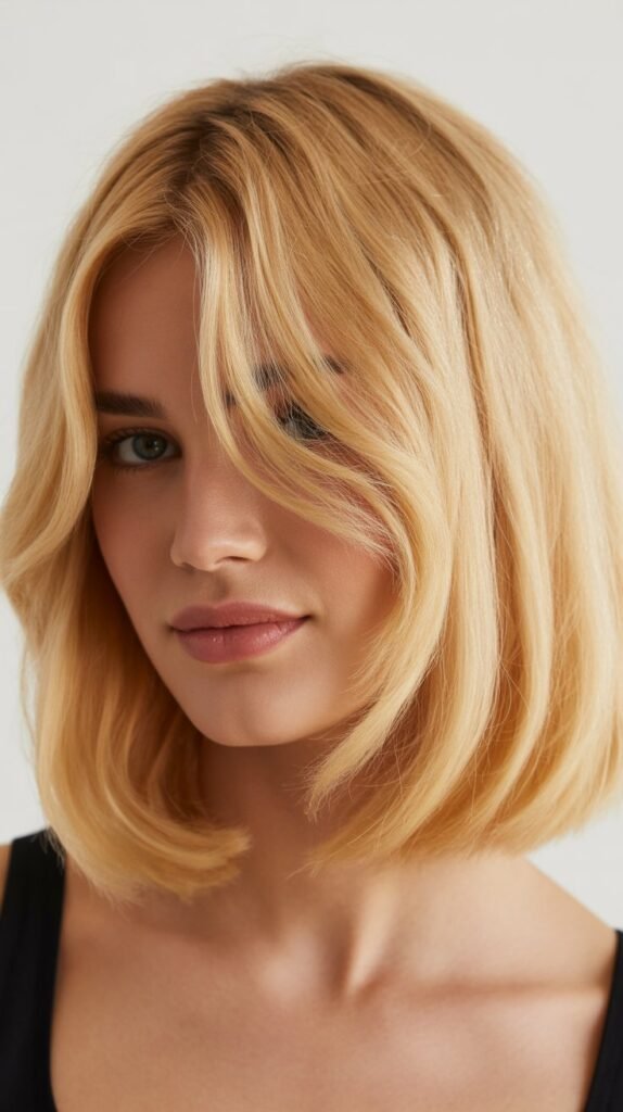 Butter Blonde Lob with Face-Framing Curtain Bangs