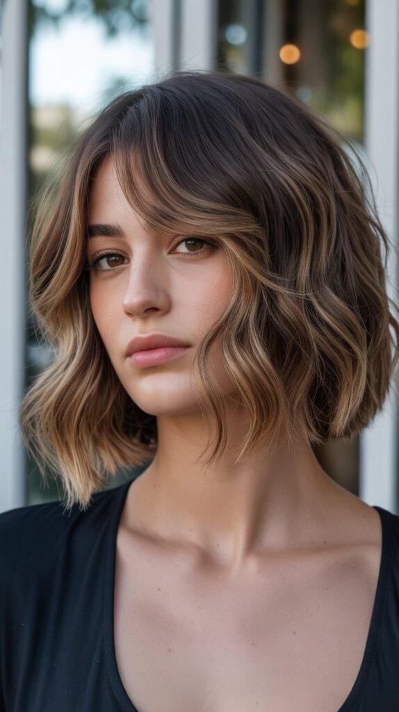 Choppy Long Bob with Curtain Bangs and Beachy Waves