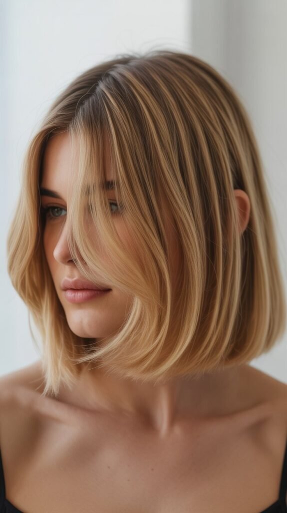 Sandy Blonde Long Bob with Side-Swept Curtain Bangs