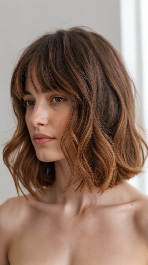 Long Bob with Curtain Bangs and Tousled Bedhead Waves