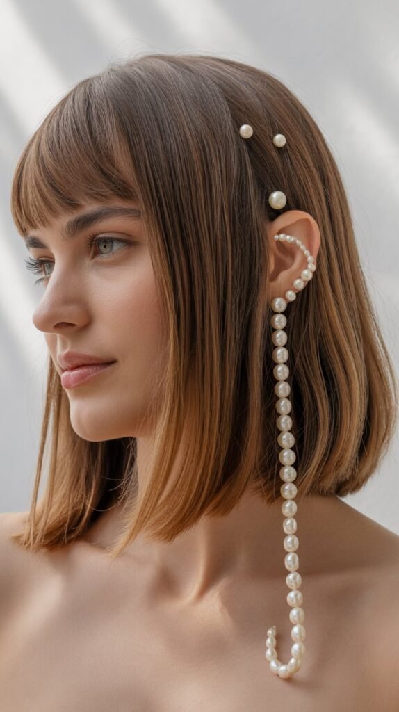Long Bob with Curtain Bangs and Pearl Accessories
