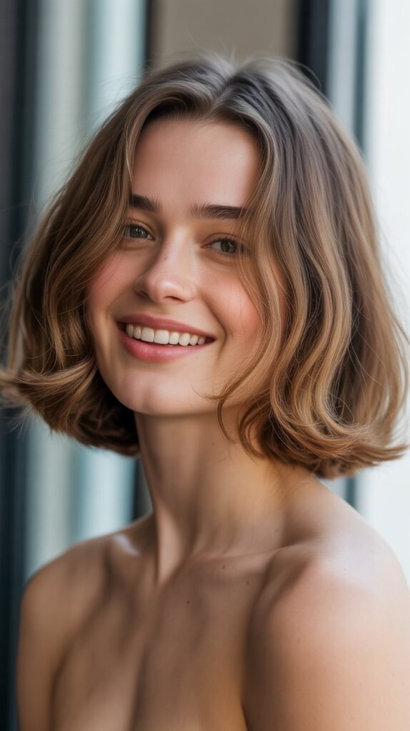 0. Long Bob with Curtain Bangs and Rose Gold Tones