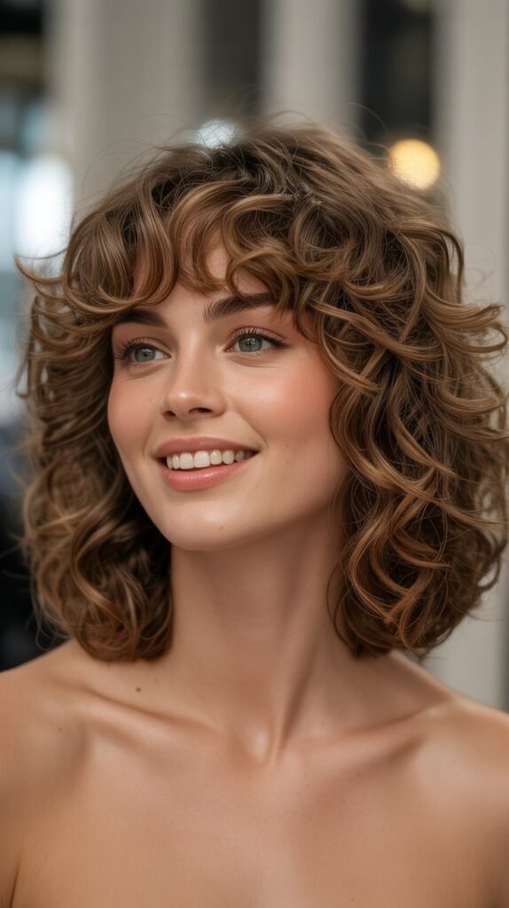 . Layered Long Bob with Wispy Curtain Bangs for Loose Curls