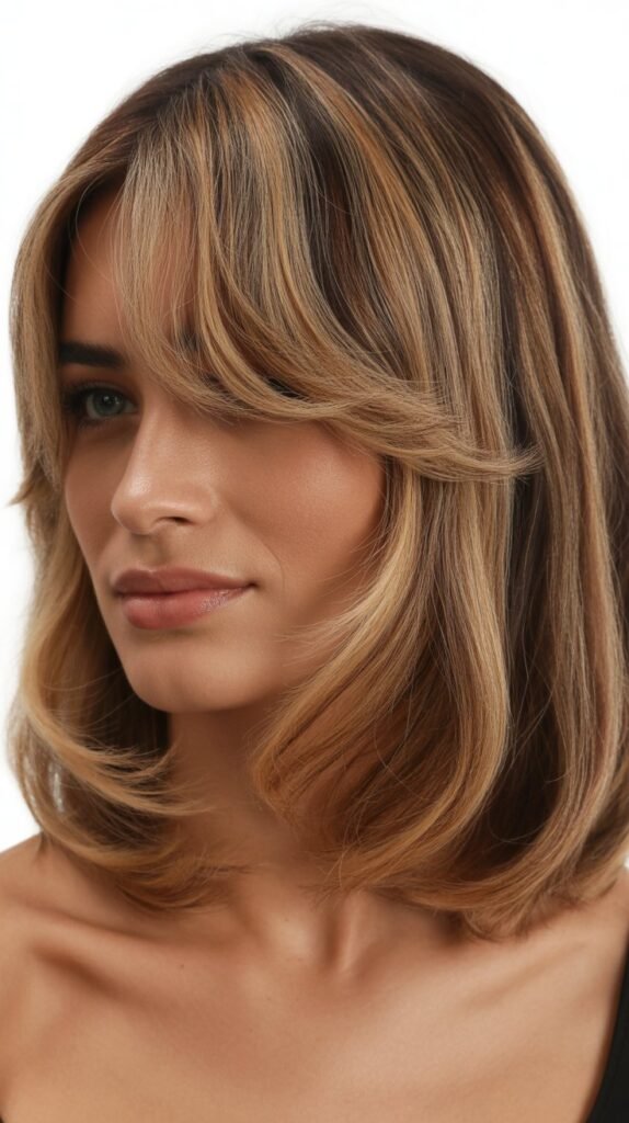 Long Bob with Curtain Bangs and Peekaboo Highlights