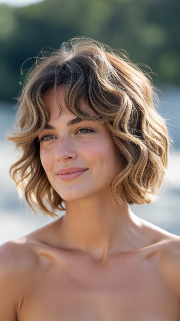 Textured Wavy Lob with Wispy Curtain Bangs