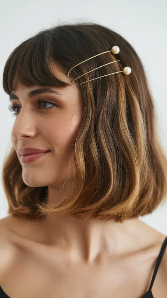 Long Bob with Curtain Bangs and Hair Accessories