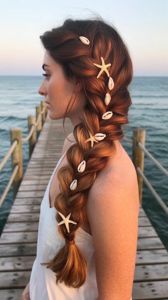 30+ Stunning Beach Wedding Hairstyles That Will Make Waves 5 Fishtail Braid With Shell Accessories
