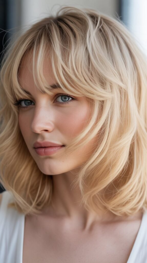 Seashell Blonde Lob with Piecey Curtain Bangs