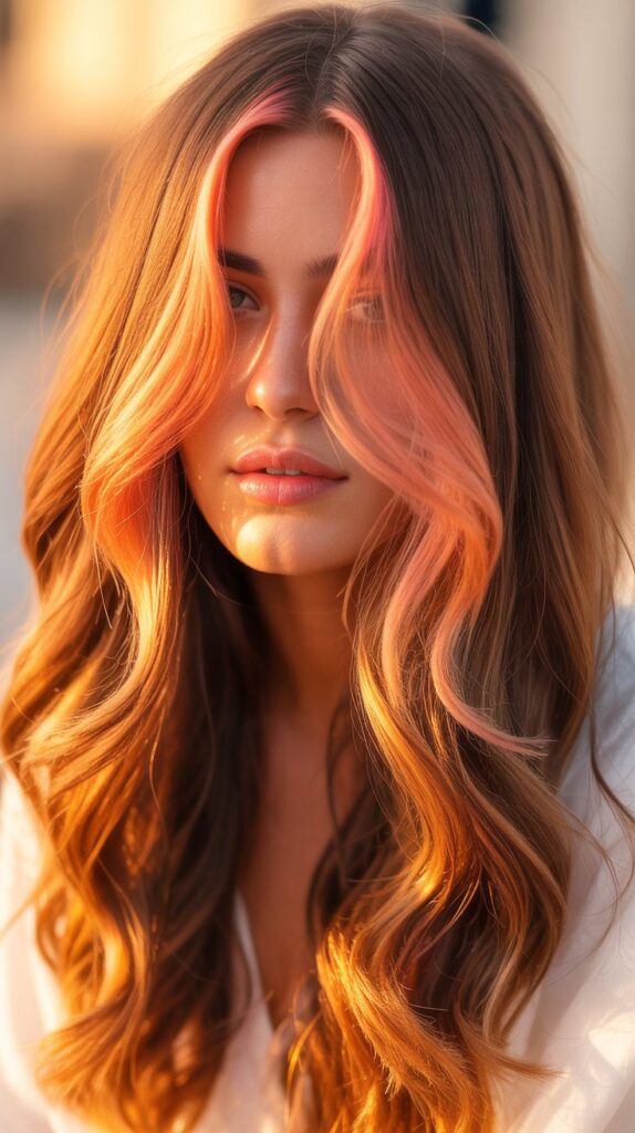 34 Trendy Brunette Balayage Hairstyles with a Money Piece 16 Chestnut with Peach Money Piece