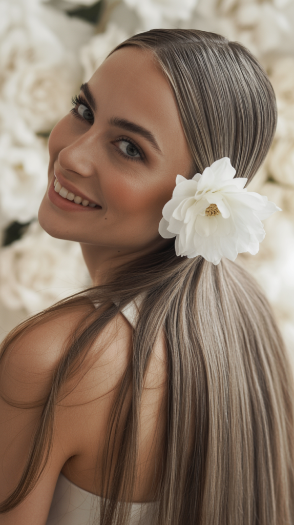 Sleek Straight Hair with Ear Tuck and Flower