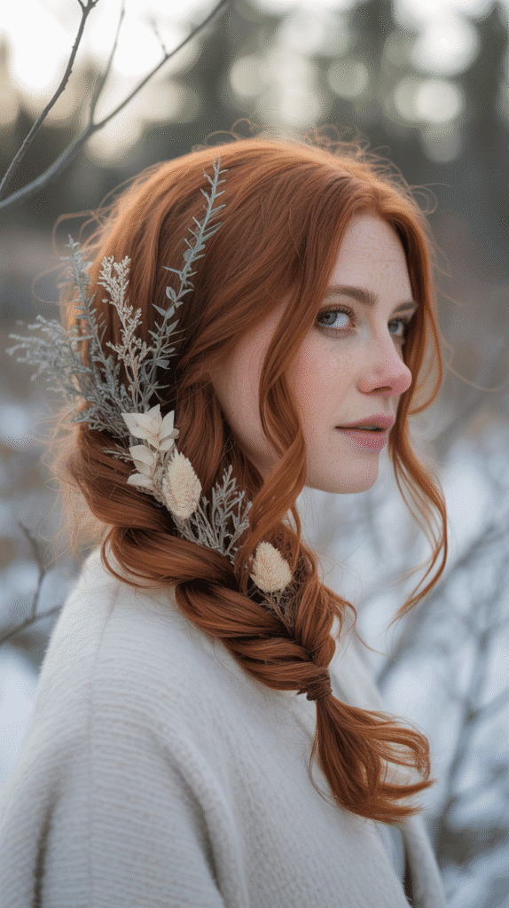 30 Must-Try Winter Hair Braid Trends for 2025 3 Messy Fishtail Braid with Winter Florals