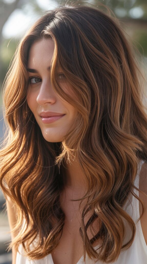 30 Caramel Highlights on Layered Brown Hair 9 Soft Caramel Highlights on Wavy Layers