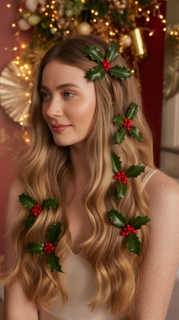 27 Stunning Christmas Tree Hairstyles to Shine Bright at Any Party 9 Holly Berry Hair Clips Cascade