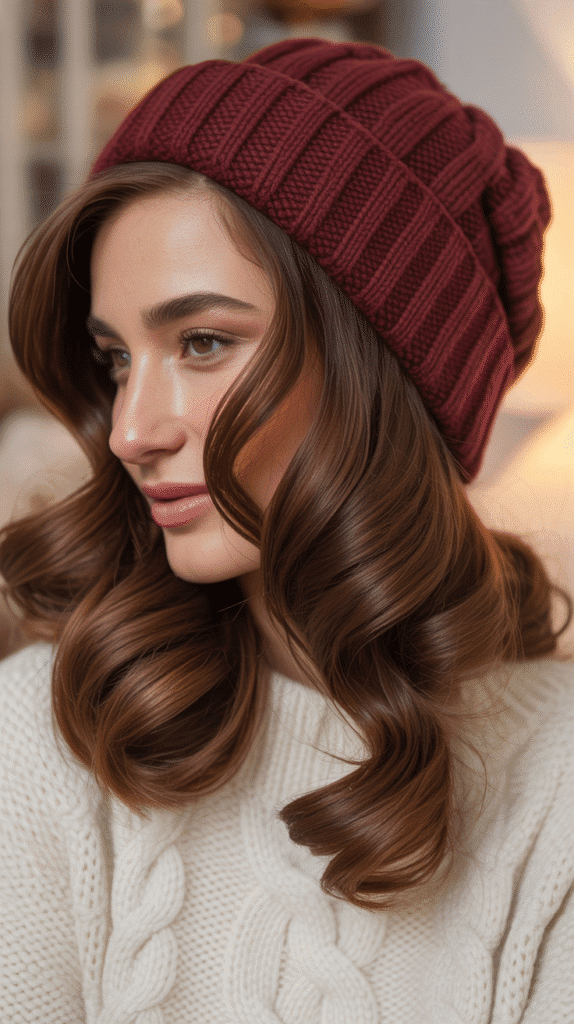 33 Cozy Cute Winter Hairstyles with Beanies 4 Side-Swept Waves with Cuffed Beanie