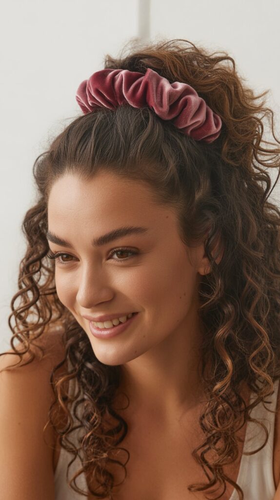 33 Modern Half Up Half Down Curly Hair Ideas That Will Turn Heads on Any Occasion 28 Velvet Scrunchie Half Up