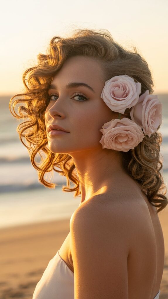 30+ Stunning Beach Wedding Hairstyles That Will Make Waves 7 7. Romantic Side Swept Curls