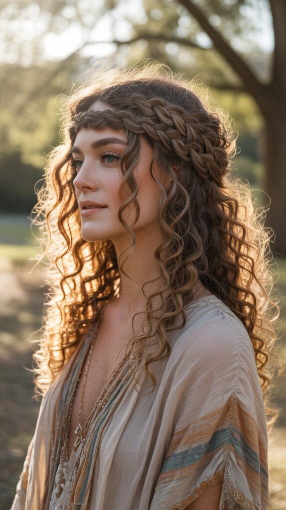 33 Modern Half Up Half Down Curly Hair Ideas That Will Turn Heads on Any Occasion 2 . Braided Halo Half Up