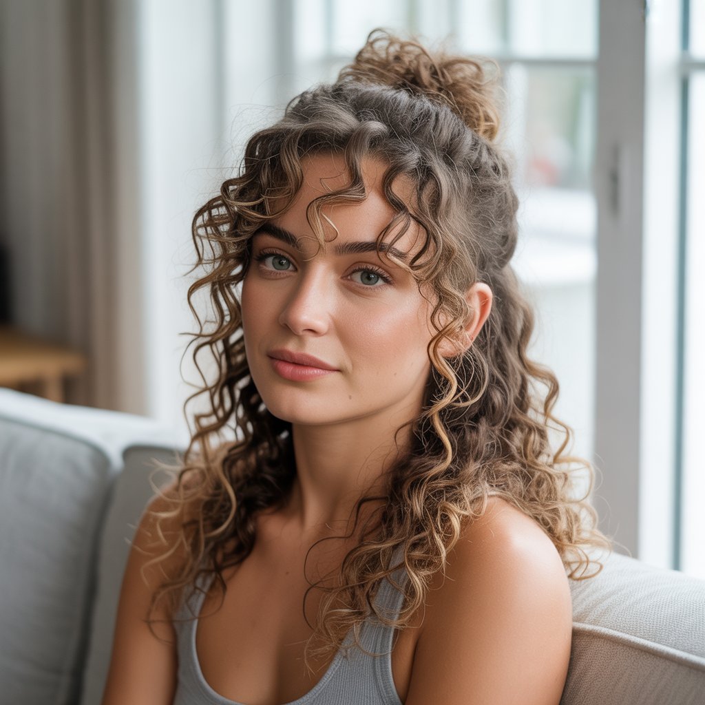 33 Modern Half Up Half Down Curly Hair Ideas That Will Turn Heads on Any Occasion 9 Messy Bun Half Up