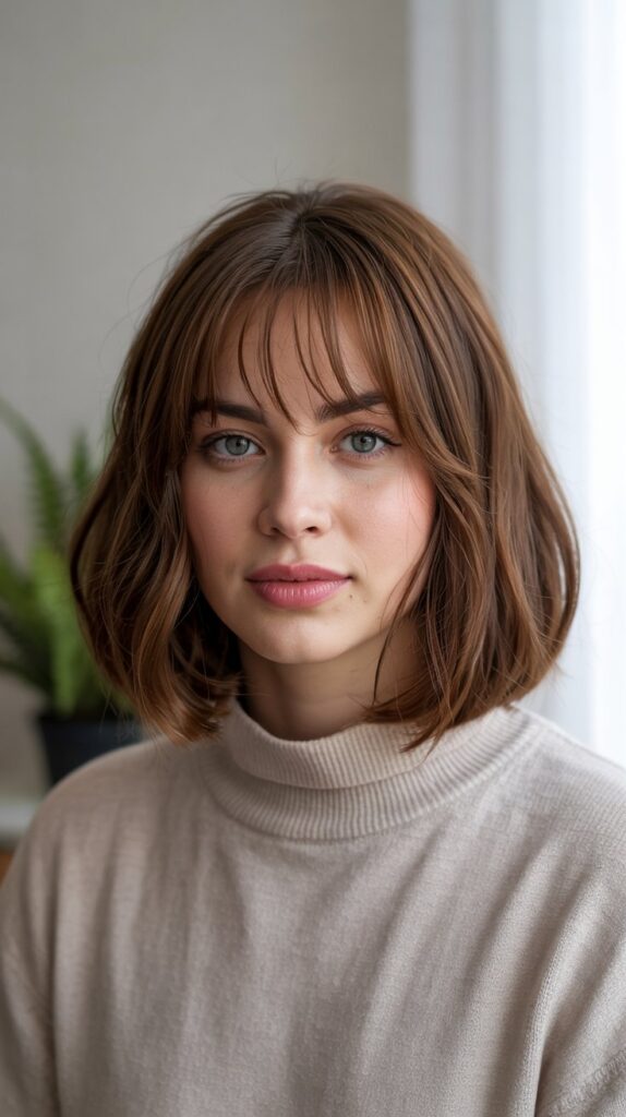 Classic Blunt Long Bob with Wispy Curtain Bangs